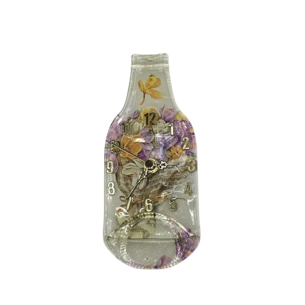 Vtg Fused Glass Recycled Bottle Clock With Flowers Designs 7½